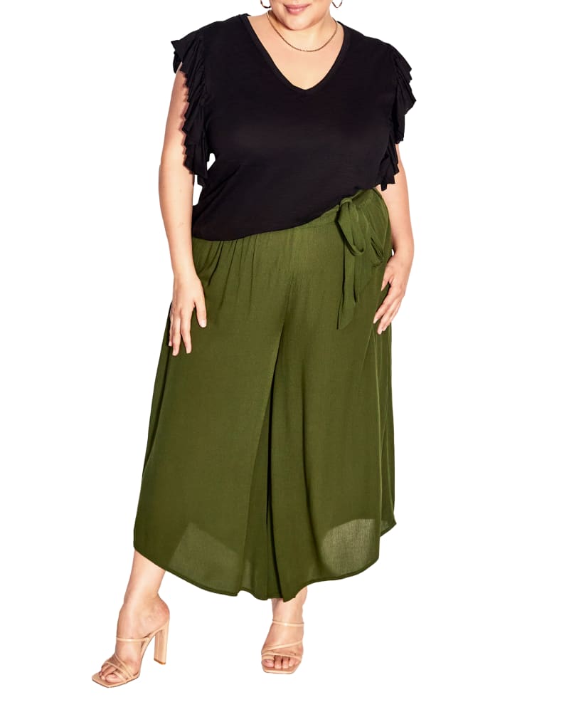 Front of a model wearing a size XXL TOP V SUPER FRILL in Black by City Chic. | dia_product_style_image_id:293513